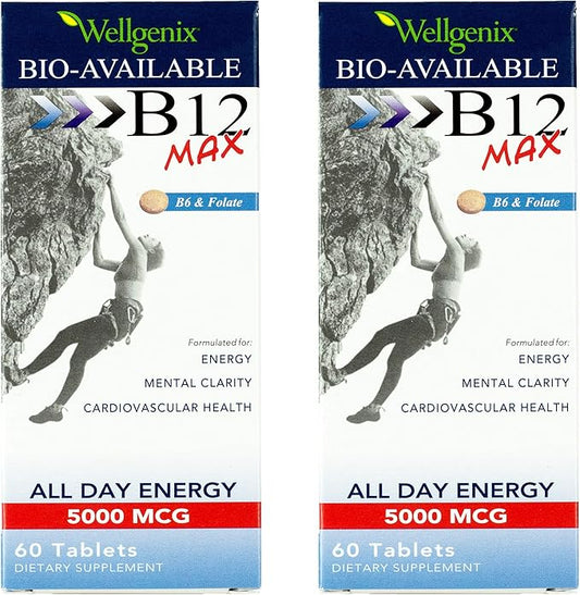 Wellgenix Bio-Available Sublingual B12 Max - Formulated for High Absorption - Nutritional Multivitamin B12, B6, Folate - Fast Dissolve (60 Ct) 2 Pack