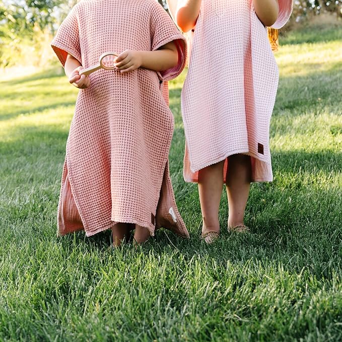Hooded Towel for Babies + Toddlers | Snaps into a Poncho | Organic Cotton Waffle | Lighweight and Absorbent | Bath, Beach, and Pool | Multiple Colors (Small (0-3 Yrs), August Rose)