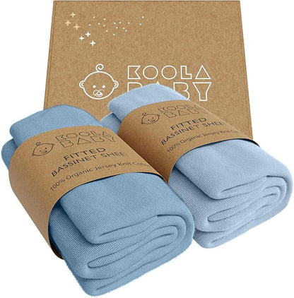Bassinet Fitted Sheets - Compatible with Mika Micky, Fodoss & Dream on Me Poppy Traveler Bassinet | 100% Organic Jersey Cotton - Light Blue + Dark Blue | 32x19 (2 Pack)