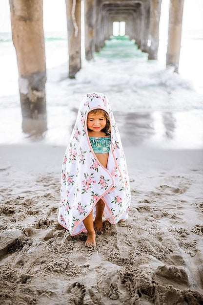 Little Unicorn Cotton Muslin & Terry Hooded Towel, Larger Size 1-6 Years (Watercolor Roses)