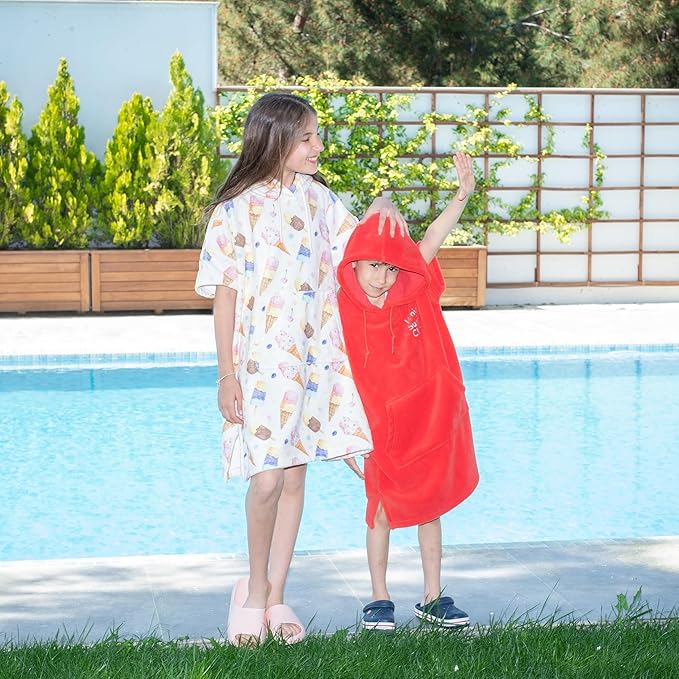 Cotton/Microfiber Kids Surf Poncho, Wetsuit Changing Towel Bath Robe with Hood and Pocket for Ages 3-7 and 8-12 (Coral Red, 3-7 Years)
