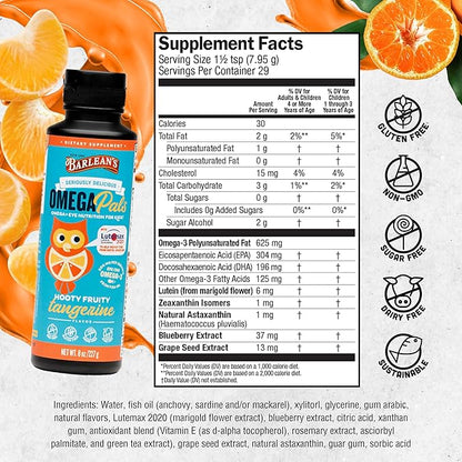 Barlean's Omega Pals Eye Health Liquid, Tangerine Flavored Omega 3 for Kids, Fish Oil Supplement with 500 mg of EPA & DHA Plus Lutein & Zeaxanthin Vitamins for Blue Light Support, 8 oz