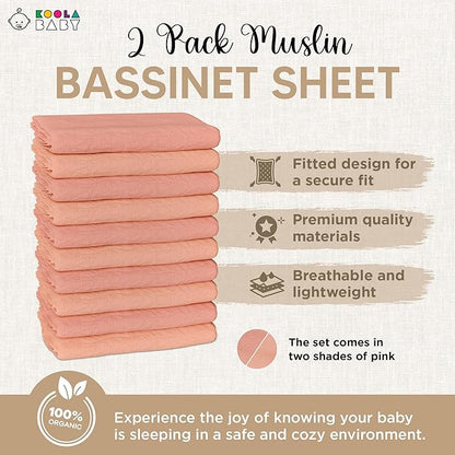 Bassinet Fitted Sheets - Compatible with Graco Travel Lite Crib, Sense2Snooze, My View 4 in 1, Dream Suite and Guava Bassinet | 100% Organic Muslin Cotton - Light Pink + Dark Pink | 30x20 (2 Pack)