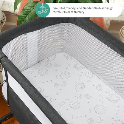 TansyPanda Bassinet Sheets for Bellababy, Besrey, AMKE, and Milliard Bedside Bassinet Sleeper, 3PC, 18 x 30 Inch, Ultra Soft, Breathable, Snug Fit, Unisex Boys, Girls, Gray White (Space Rockets)
