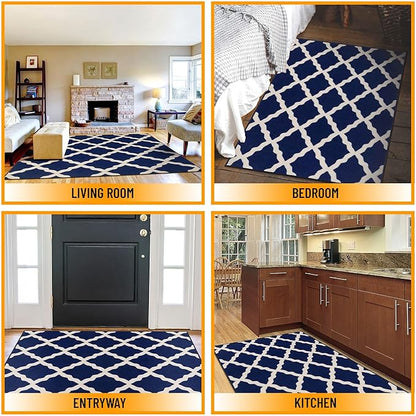 Machine Washable Moroccan Trellis Design Non-Slip Rubberback 5x7 Traditional Indoor Area Rug for Living Room, Bedroom, Dining Room, 5' x 6'6", Navy