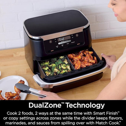 Ninja DZ071 Foodi 6-in-1 FlexBasket Air Fryer with 7-QT MegaZone & Basket Divider for Large Proteins & Full Meals, Smart Finish Cook 2 Foods 2 Ways, Family Sized Capacity, Air Fry, Roast & More, Black