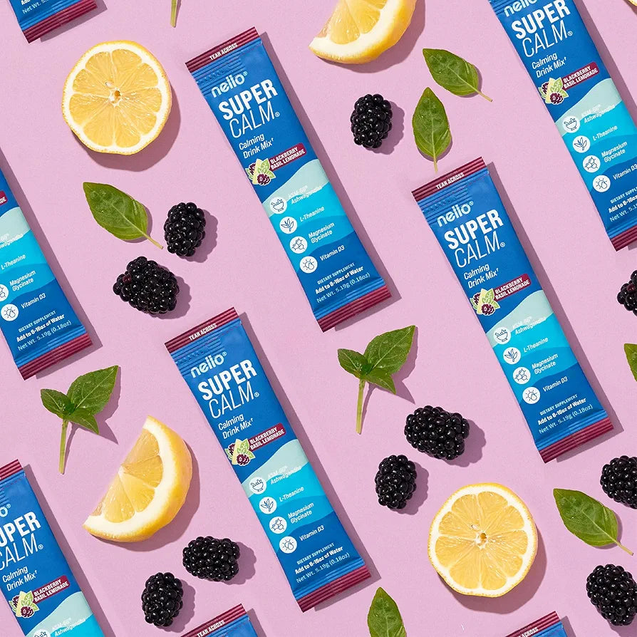 Supercalm Drink Mix -Ashwagandha KSM 66, Magnesium Glycinate & L-Theanine Supplement, Vitamin D3- Ashwagandha Root Extract- Focus and Relaxation Support - Blackberry Basil Lemonade